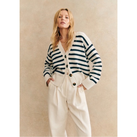 SEZANE BLOGGER Classic Navy Ecru Striped Wilson Cardigan Preppy Knit Sweater XXS - Picture 11 of 17